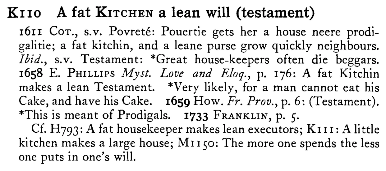 A fat KITCHEN a lean will (testament) - a scanned entry from Tilley's 1950 Dictionary of Proverbs.