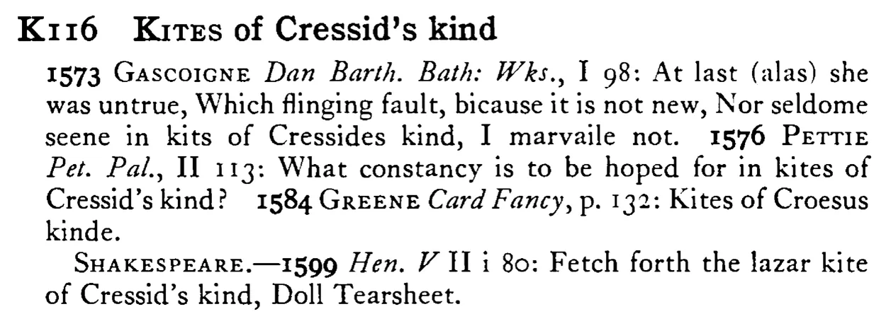 KITES of Cressid's kind - a scanned entry from Tilley's 1950 Dictionary of Proverbs.