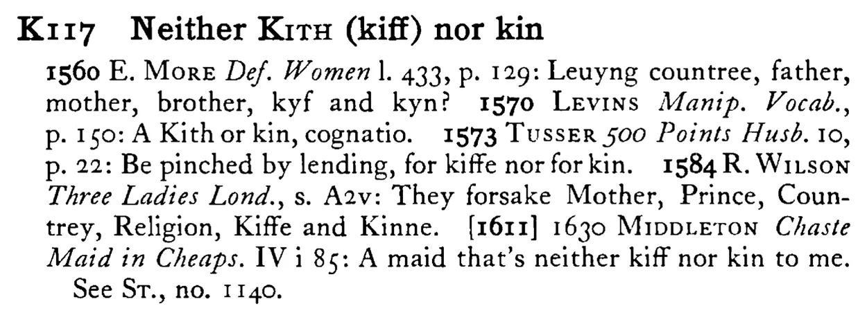 Neither KITH (kiff) nor kin - a scanned entry from Tilley's 1950 Dictionary of Proverbs.