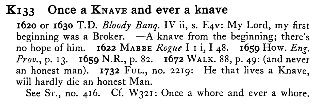 Once a KNAVE and ever a knave - a scanned entry from Tilley's 1950 Dictionary of Proverbs.