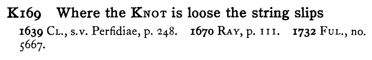 Where the KNOT is loose the string slips - a scanned entry from Tilley's 1950 Dictionary of Proverbs.