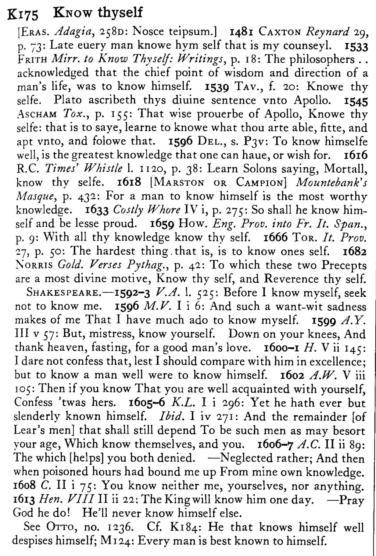 KNOW thyself - a scanned entry from Tilley's 1950 Dictionary of Proverbs.