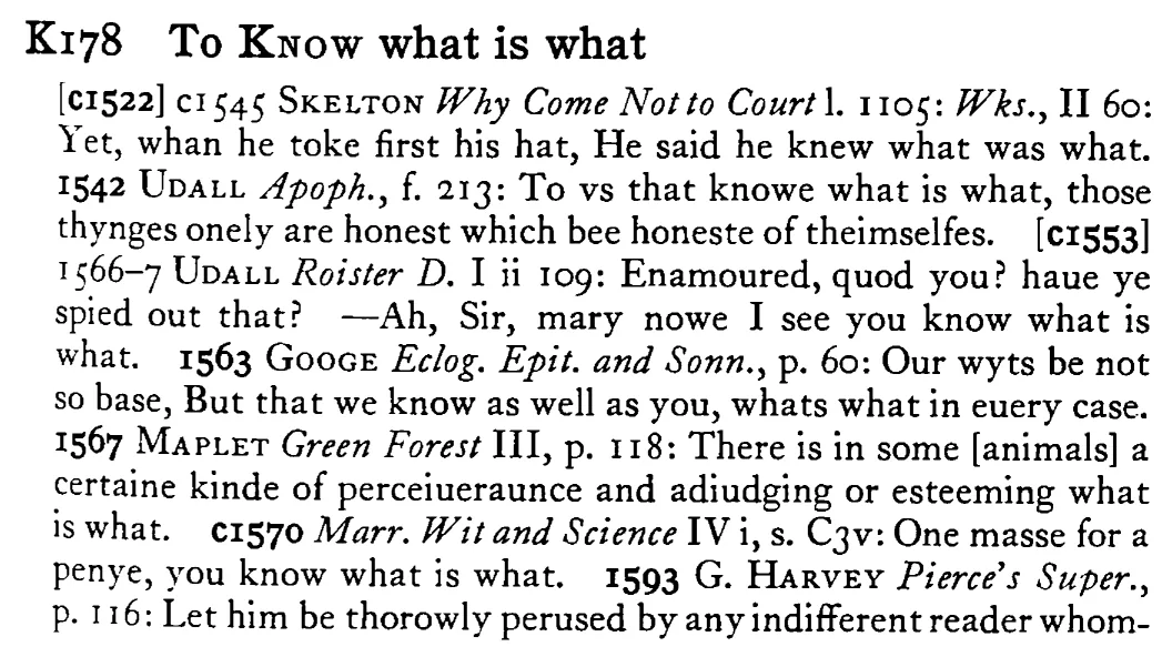 To KNOW what is what - a scanned entry from Tilley's 1950 Dictionary of Proverbs.