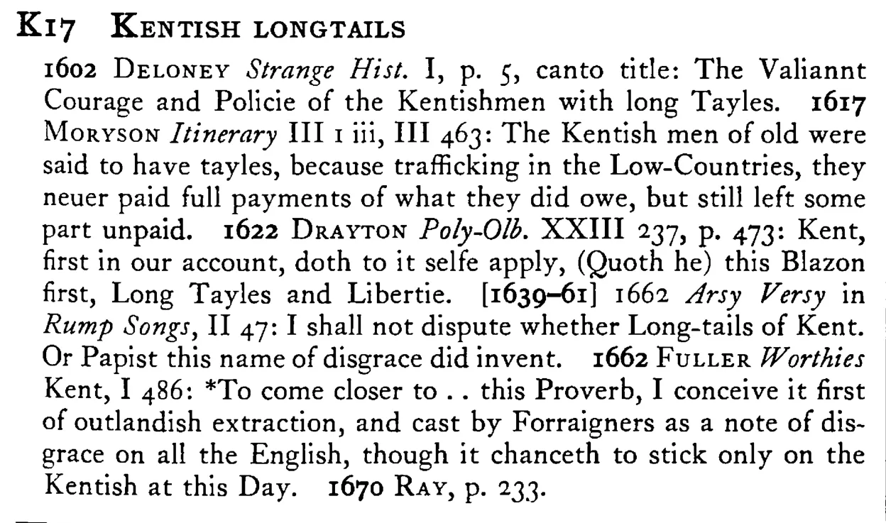 KENTISH LONGTAILS - a scanned entry from Tilley's 1950 Dictionary of Proverbs.