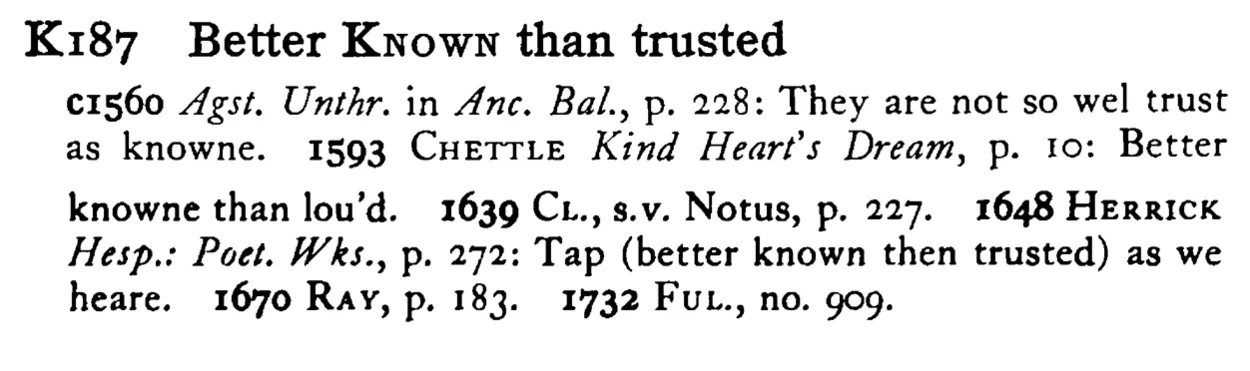 Better KNOWN than trusted - a scanned entry from Tilley's 1950 Dictionary of Proverbs.