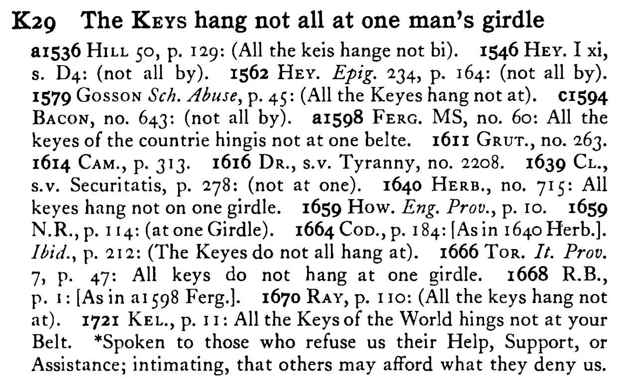 The KEYS hang not all at one man's girdle - a scanned entry from Tilley's 1950 Dictionary of Proverbs.