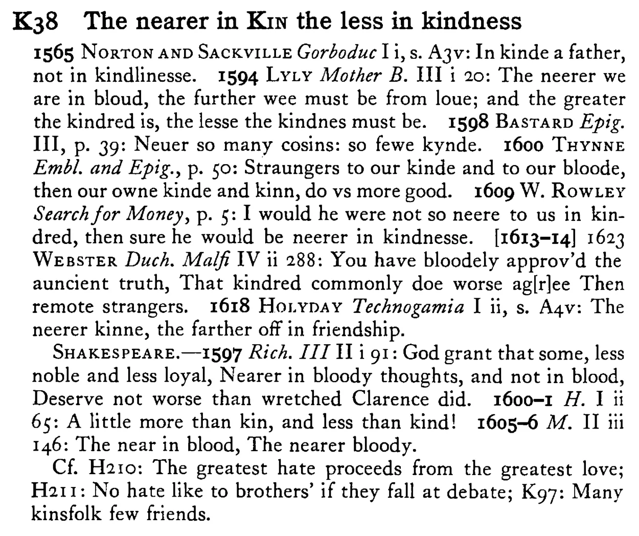 The nearer in KIN the less in kindness - a scanned entry from Tilley's 1950 Dictionary of Proverbs.