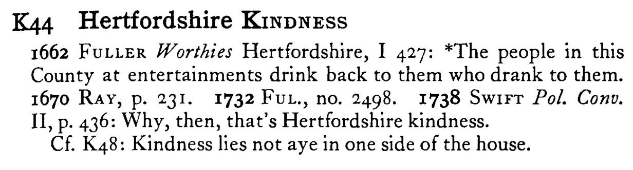 Hertfordshire KINDNESS - a scanned entry from Tilley's 1950 Dictionary of Proverbs.