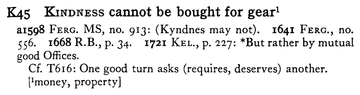 KINDNESS cannot be bought for gear¹ - a scanned entry from Tilley's 1950 Dictionary of Proverbs.