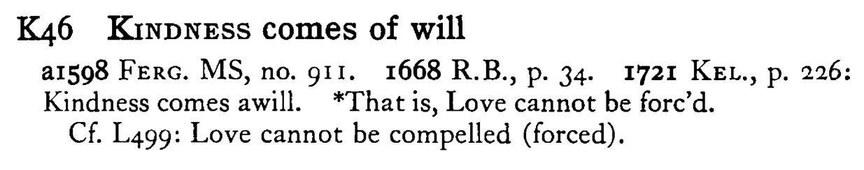 KINDNESS comes of will - a scanned entry from Tilley's 1950 Dictionary of Proverbs.