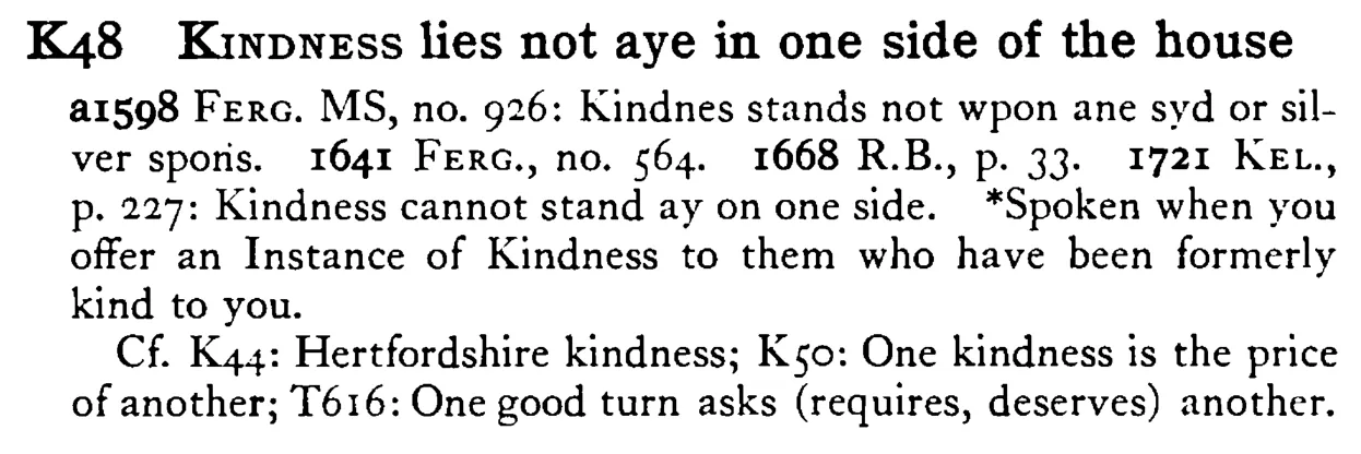 KINDNESS lies not aye in one side of the house - a scanned entry from Tilley's 1950 Dictionary of Proverbs.
