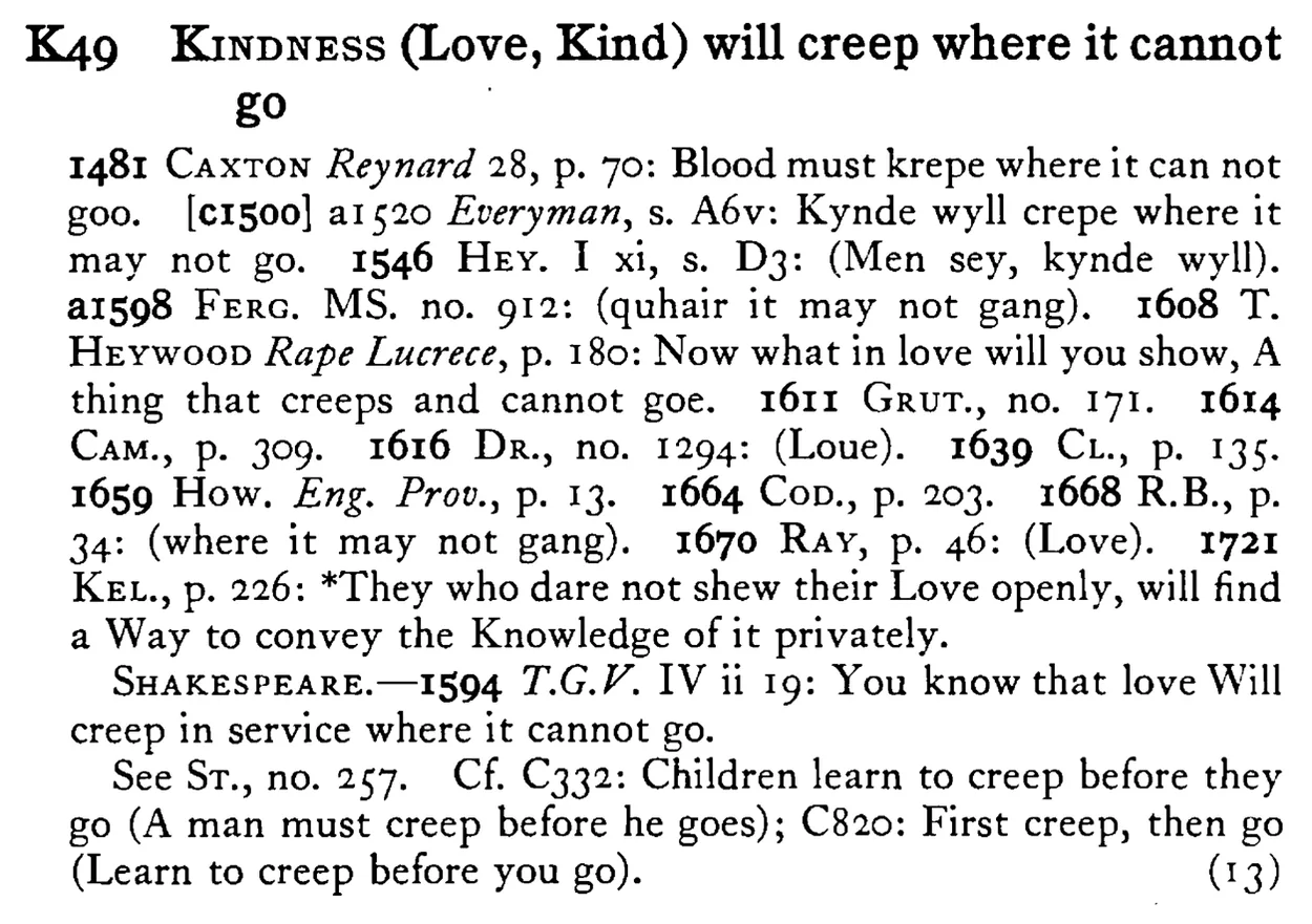 KINDNESS (Love, Kind) will creep where it cannot go - a scanned entry from Tilley's 1950 Dictionary of Proverbs.
