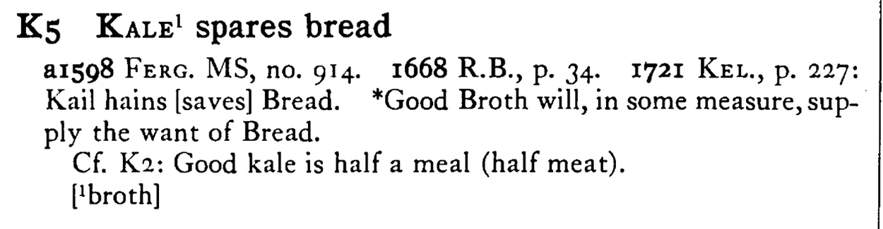KALE¹ spares bread - a scanned entry from Tilley's 1950 Dictionary of Proverbs.