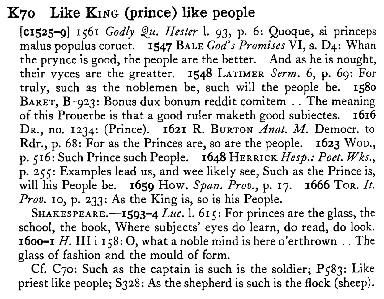 Like KING (prince) like people - a scanned entry from Tilley's 1950 Dictionary of Proverbs.