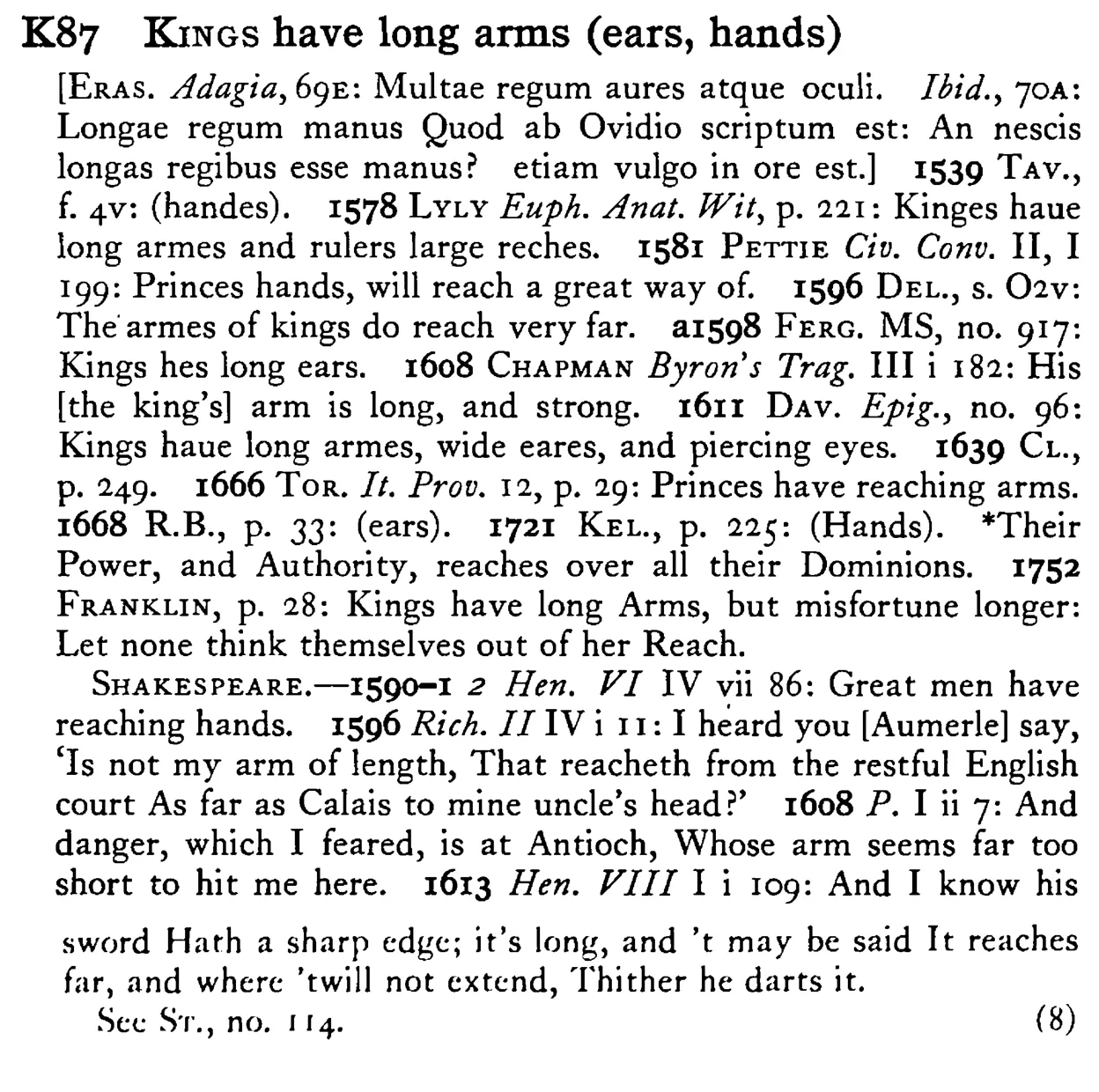 KINGS have long arms (ears, hands) - a scanned entry from Tilley's 1950 Dictionary of Proverbs.