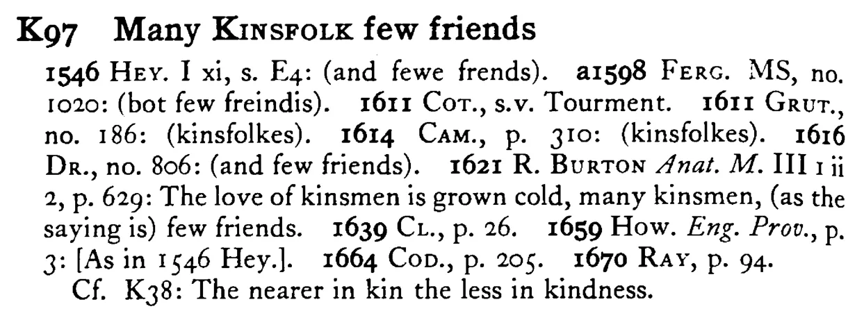 Many KINSFOLK few friends - a scanned entry from Tilley's 1950 Dictionary of Proverbs.
