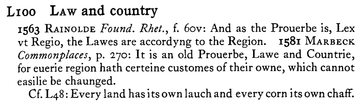 LAW and country - a scanned entry from Tilley's 1950 Dictionary of Proverbs.