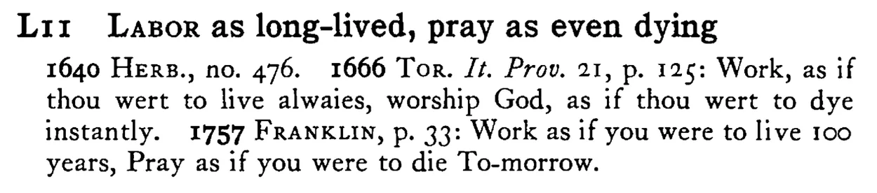 LABOR as long-lived, pray as even dying - a scanned entry from Tilley's 1950 Dictionary of Proverbs.