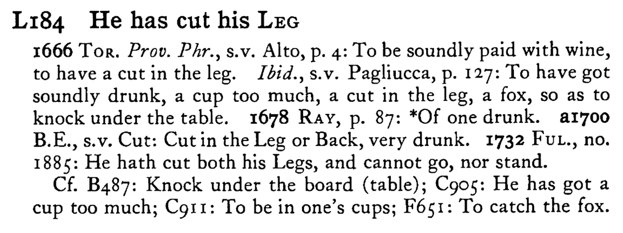 He has cut his LEG - a scanned entry from Tilley's 1950 Dictionary of Proverbs.