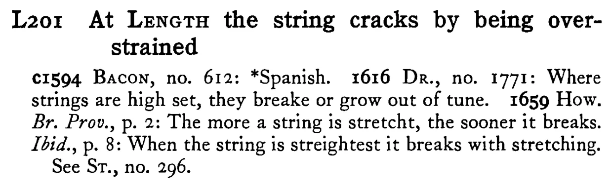 At LENGTH the string cracks by being over-strained - a scanned entry from Tilley's 1950 Dictionary of Proverbs.