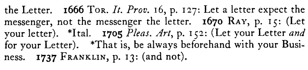 Let the LETTER stay for the post, not the post for the letter - a scanned entry from Tilley's 1950 Dictionary of Proverbs. (continuation)