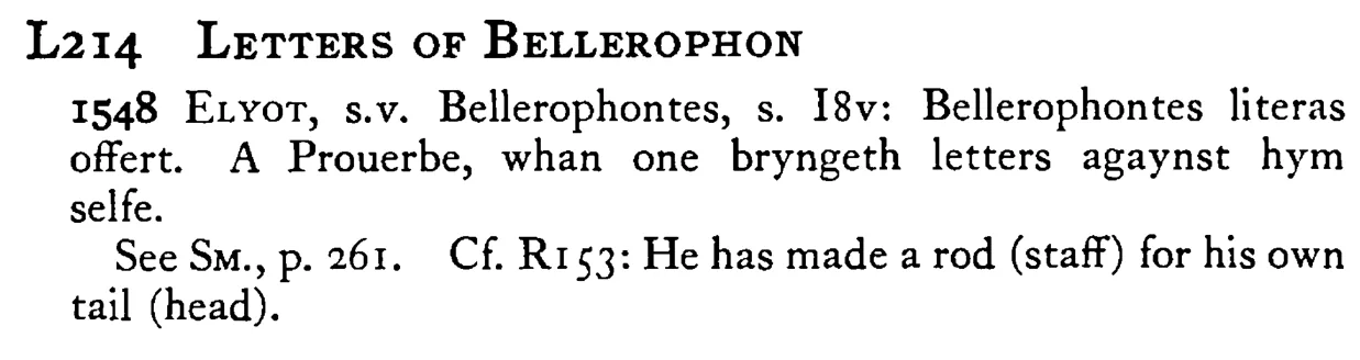 LETTERS OF BELLEROPHON - a scanned entry from Tilley's 1950 Dictionary of Proverbs.