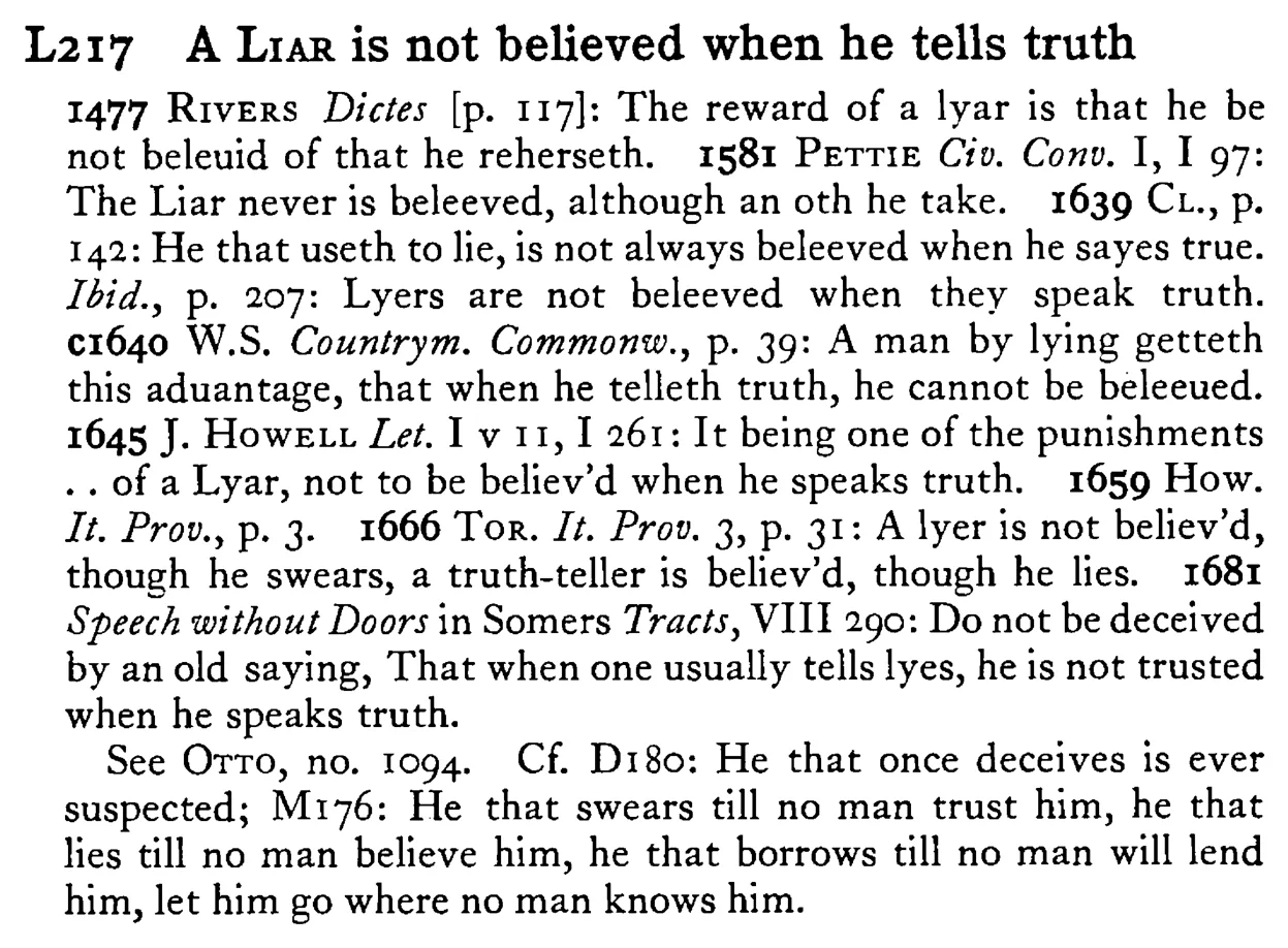A LIAR is not believed when he tells truth - a scanned entry from Tilley's 1950 Dictionary of Proverbs.