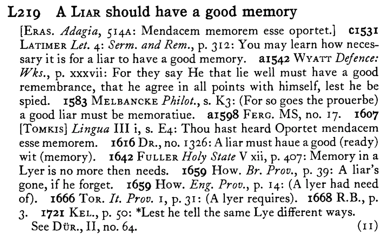 A LIAR should have a good memory - a scanned entry from Tilley's 1950 Dictionary of Proverbs.