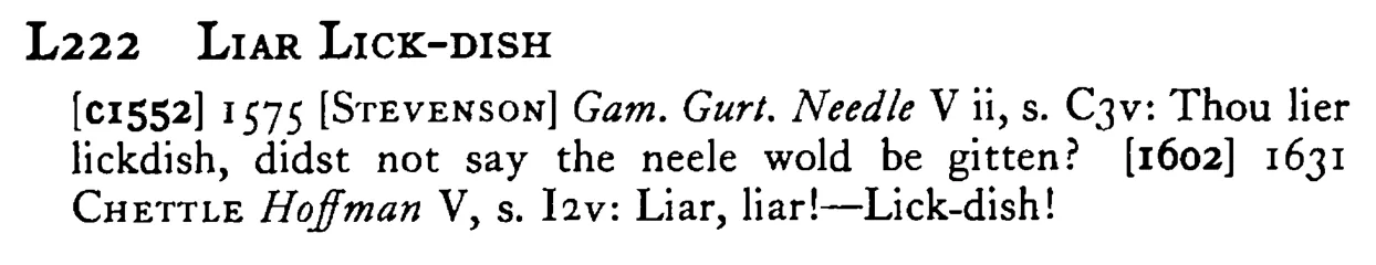 LIAR LICK-DISH - a scanned entry from Tilley's 1950 Dictionary of Proverbs.