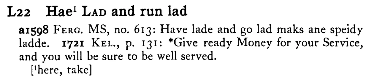 Hae¹ LAD and run lad - a scanned entry from Tilley's 1950 Dictionary of Proverbs.