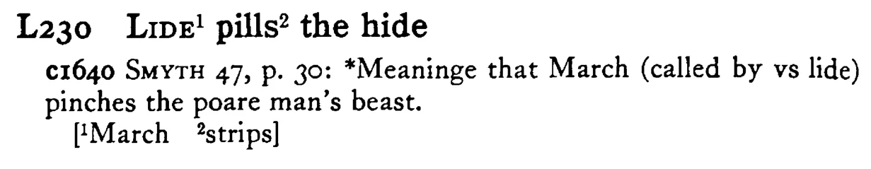 LIDE¹ pills² the hide - a scanned entry from Tilley's 1950 Dictionary of Proverbs.