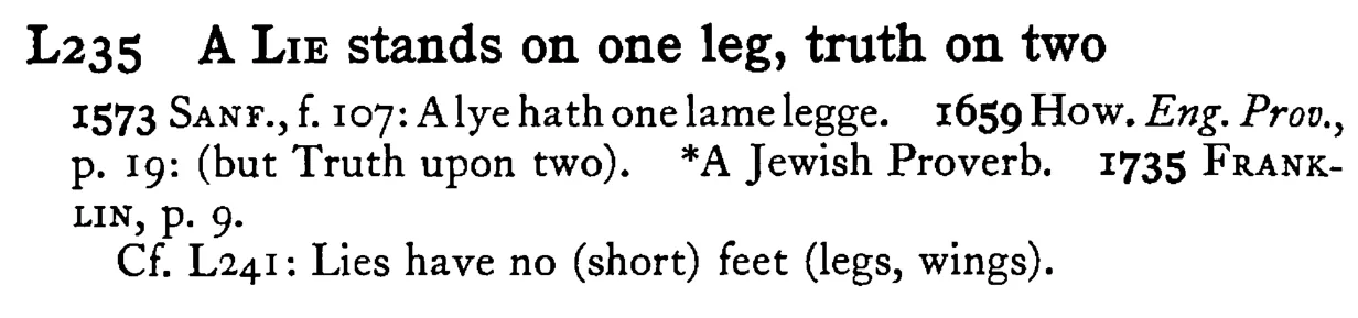A LIE stands on one leg, truth on two - a scanned entry from Tilley's 1950 Dictionary of Proverbs.