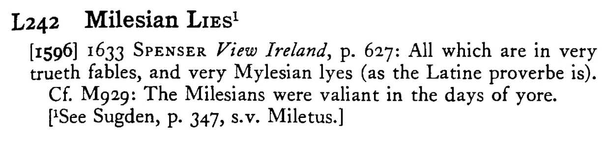 Milesian LIES - a scanned entry from Tilley's 1950 Dictionary of Proverbs.