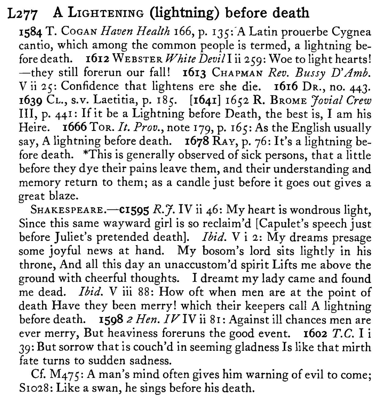 A LIGHTENING (lightning) before death - a scanned entry from Tilley's 1950 Dictionary of Proverbs.