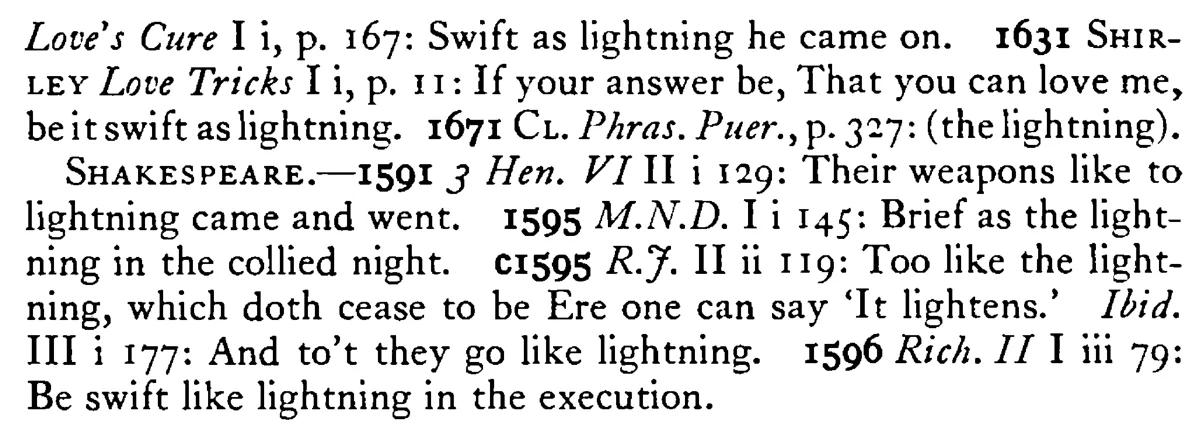 As swift as LIGHTNING - a scanned entry from Tilley's 1950 Dictionary of Proverbs. (continuation)