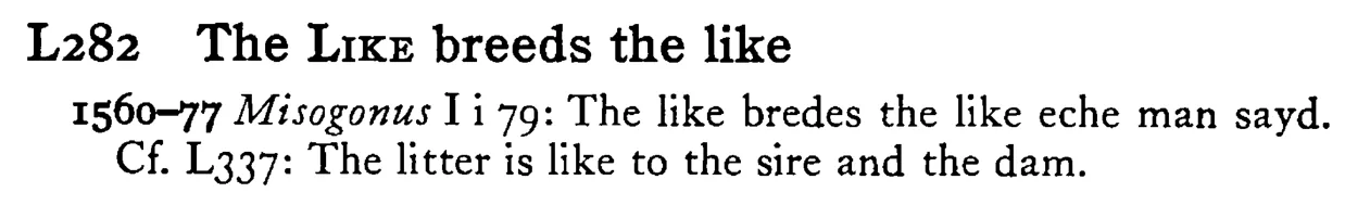 The LIKE breeds the like - a scanned entry from Tilley's 1950 Dictionary of Proverbs.