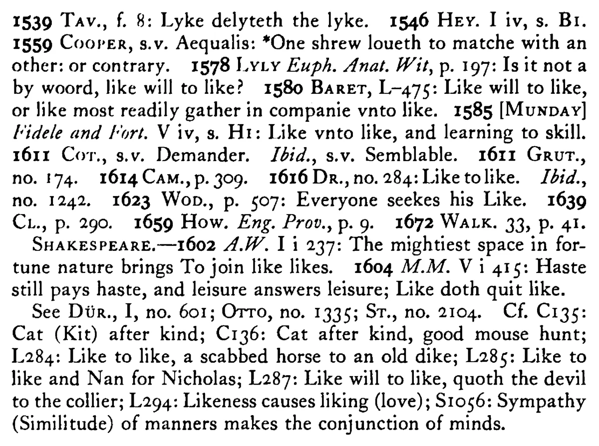 LIKE will to like - a scanned entry from Tilley's 1950 Dictionary of Proverbs. (continuation)