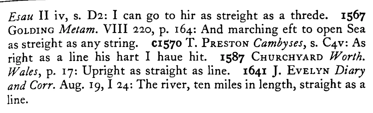 As straight as a LINE (thread) - a scanned entry from Tilley's 1950 Dictionary of Proverbs. (continuation)