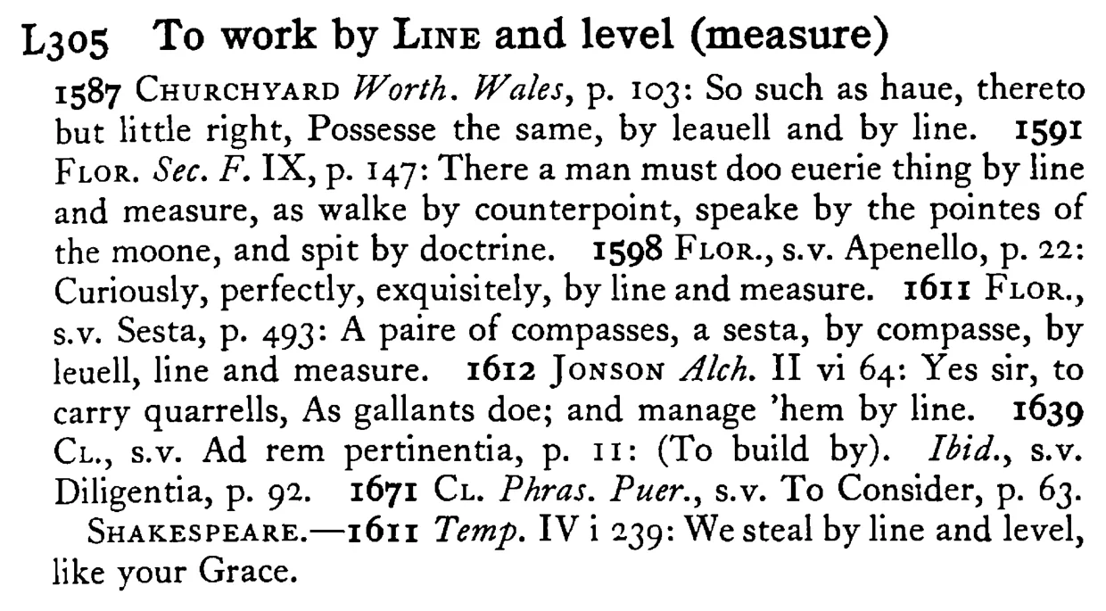 To work by LINE and level (measure) - a scanned entry from Tilley's 1950 Dictionary of Proverbs.