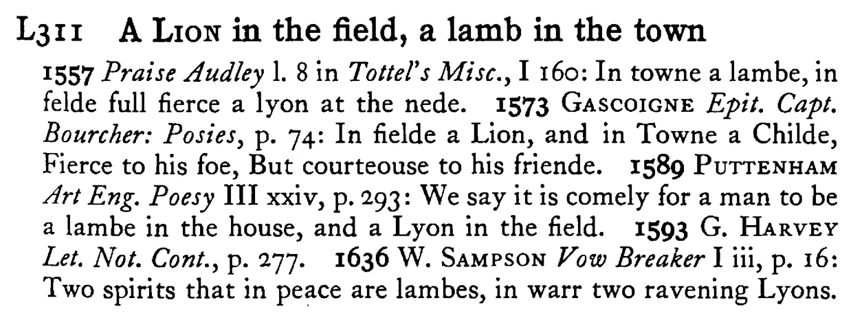 A LION in the field, a lamb in the town - a scanned entry from Tilley's 1950 Dictionary of Proverbs.