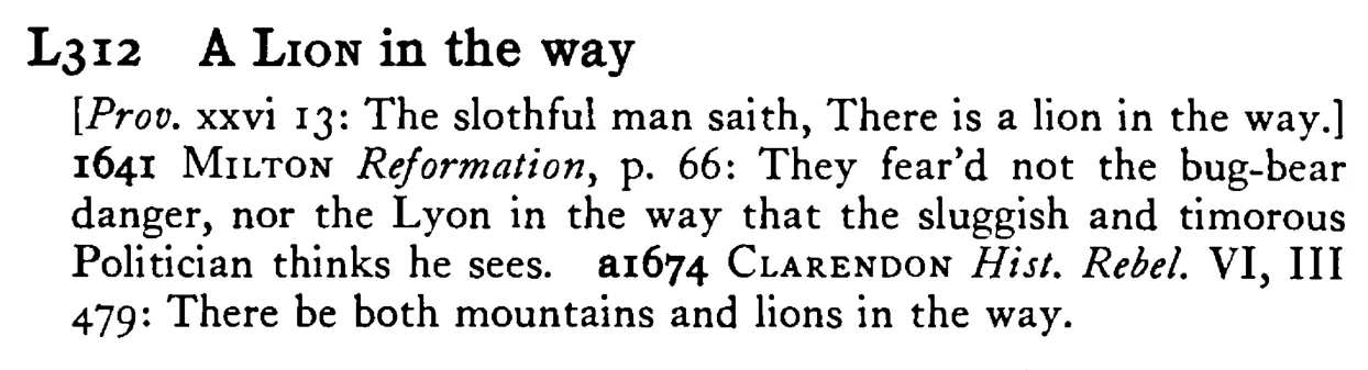 A LION in the way - a scanned entry from Tilley's 1950 Dictionary of Proverbs.