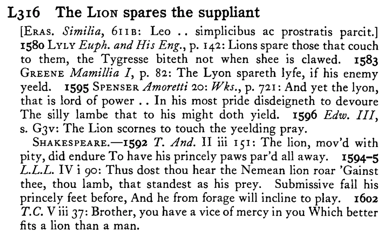 The LION spares the suppliant - a scanned entry from Tilley's 1950 Dictionary of Proverbs.