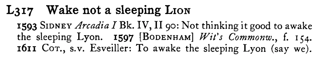 Wake not a sleeping LION - a scanned entry from Tilley's 1950 Dictionary of Proverbs.