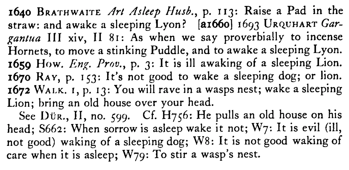 Wake not a sleeping LION - a scanned entry from Tilley's 1950 Dictionary of Proverbs. (continuation)