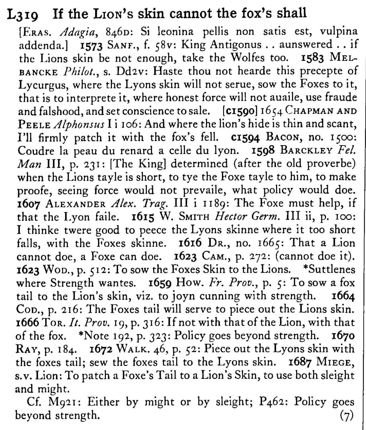 If the LION's skin cannot the fox's shall - a scanned entry from Tilley's 1950 Dictionary of Proverbs.