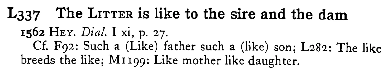 The LITTER is like to the sire and the dam - a scanned entry from Tilley's 1950 Dictionary of Proverbs.