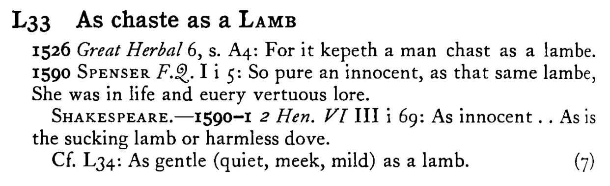 As chaste as a LAMB - a scanned entry from Tilley's 1950 Dictionary of Proverbs.
