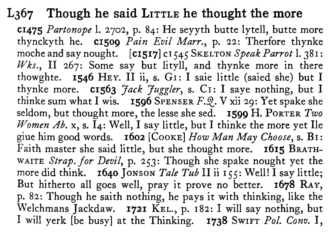 Though he said LITTLE he thought the more - a scanned entry from Tilley's 1950 Dictionary of Proverbs.