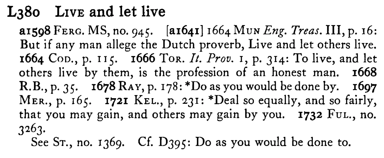 LIVE and let live - a scanned entry from Tilley's 1950 Dictionary of Proverbs.