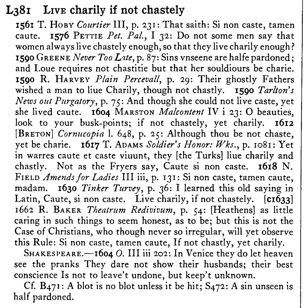 LIVE charily if not chastely - a scanned entry from Tilley's 1950 Dictionary of Proverbs.
